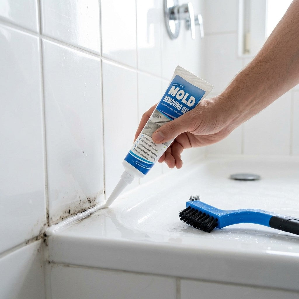 Mold Removing Gel wiping out black mold on shower caulk